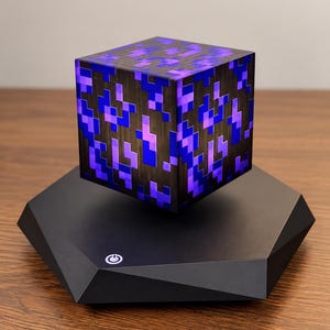 Puede incluir: Una lámpara de cubo levitante con un patrón de bloques pixelados en color morado y marrón oscuro. El cubo flota sobre una base hexagonal de color negro mate que incluye un icono circular de botón de encendido en el borde frontal.