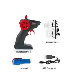 May include: A remote control set for a toy vehicle, featuring a black and red remote control, accessories, a battery, and a USB charger. The remote control has a red trigger and wheel. The set includes the text "Remote control x1", "accessories x4", "battery x1", and "USB Charger x1".