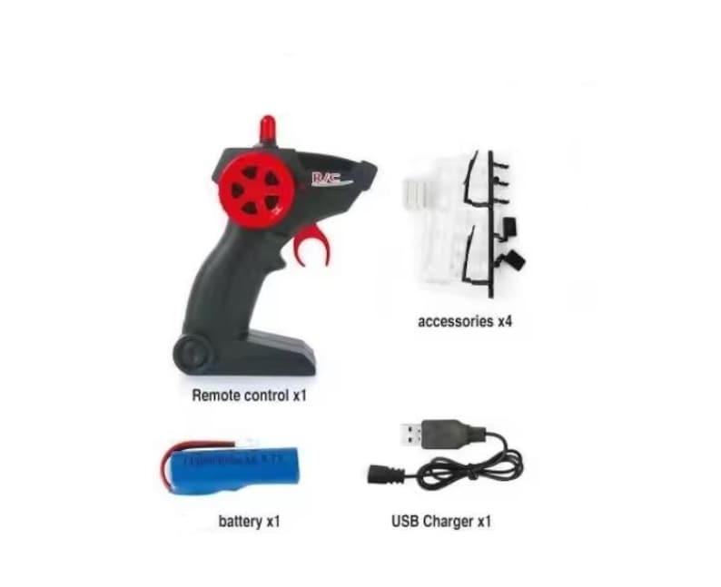 May include: A remote control set for a toy vehicle, featuring a black and red remote control, accessories, a battery, and a USB charger. The remote control has a red trigger and wheel. The set includes the text "Remote control x1", "accessories x4", "battery x1", and "USB Charger x1".