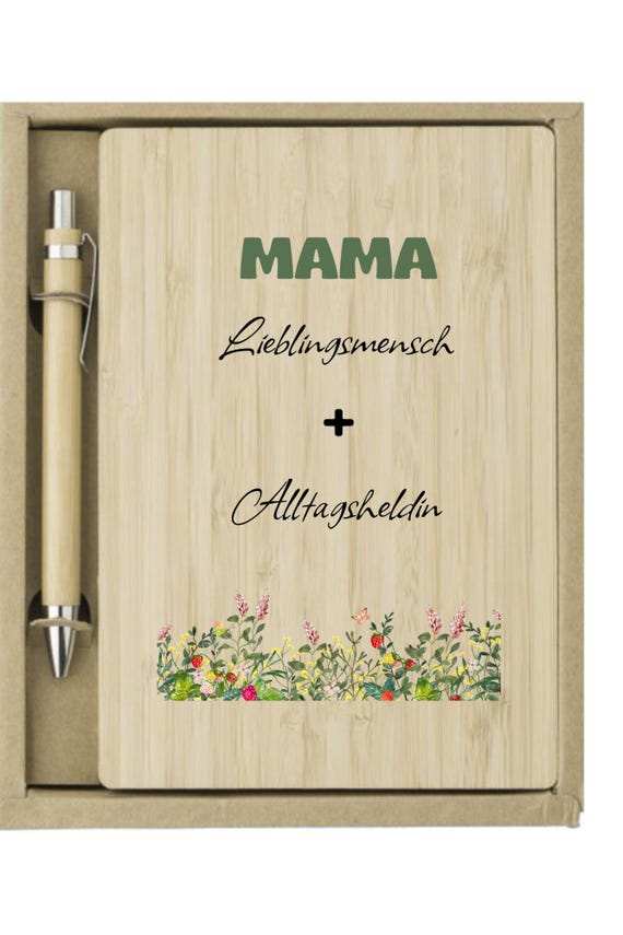 Bambus Notizbuch incl. Kugelschreiber süßes Geschenk für Muttertag oder Geburtstag, Lieblingsmensch Geschenk, Alltagsheldin