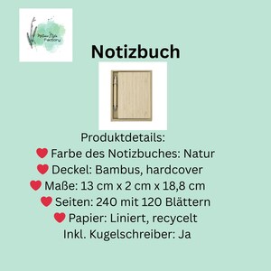 May include: A natural-colored bamboo notebook with a matching pen. The notebook is 13 cm x 2 cm x 18.8 cm and contains 240 pages. The cover is made of bamboo and the paper is recycled and lined. The image also includes the text "Notizbuch".