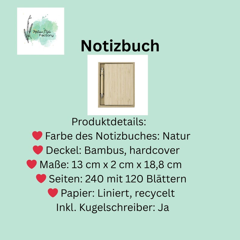 May include: A natural-colored bamboo notebook with a matching pen. The notebook is 13 cm x 2 cm x 18.8 cm and contains 240 pages. The cover is made of bamboo and the paper is recycled and lined. The image also includes the text "Notizbuch".