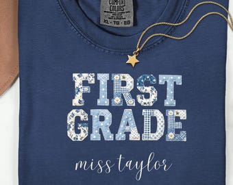 Comfort Colors® first-grade teacher's shirt, matching first-grade class T-shirt, blue T-shirt with a floral patchwork pattern school year