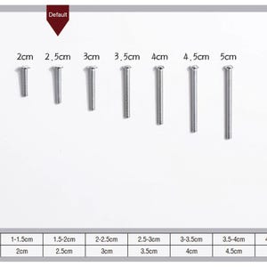May include: An assortment of silver screws, with lengths from 2cm to 5cm, arranged on a white surface. A chart below shows screw thickness and length measurements in centimetres.