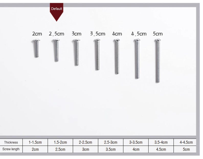 May include: An assortment of silver screws, with lengths from 2cm to 5cm, arranged on a white surface. A chart below shows screw thickness and length measurements in centimetres.