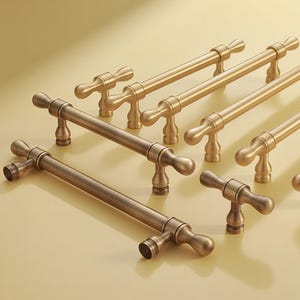 Op de afbeelding: Een verzameling bronzen en goudkleurige kastgrepen. De grepen hebben een cilindrische staaf met decoratieve uiteinden en zijn gerangschikt op een lichtgekleurd oppervlak. De hardware is ontworpen voor meubels en kasten.