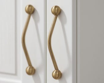 Solid Brass Curved Cabinet Pull, Antique Gold Dresser Knob