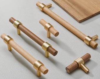 Walnut & Beech Wood Drawer Pulls, Brass Cabinet Handle, Modern Wardrobe Knob