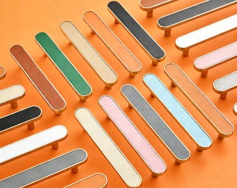 Colorful Leather Cabinet Handle, Solid Brass Pull, Kitchen Hardware