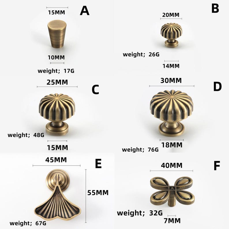 May include: A selection of antique brass cabinet hardware, including knobs and a pull. The knobs vary in size and design, with measurements in millimetres and weights in grams. Suitable for furniture restoration projects.