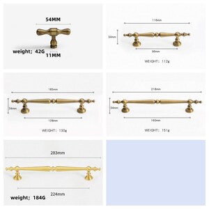May include: A selection of antique brass cabinet handles and knobs. The knob is 5.4cm wide and weighs 42g. The pulls range in length from 11.6cm to 28.3cm. Measurements are provided in millimeters and grams.