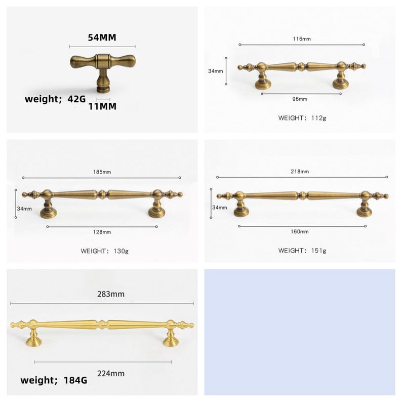 May include: A selection of antique brass cabinet handles and knobs. The knob is 5.4cm wide and weighs 42g. The pulls range in length from 11.6cm to 28.3cm. Measurements are provided in millimeters and grams.