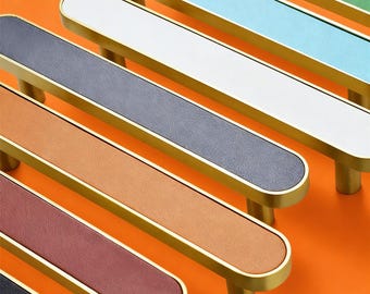 Leather Brass Cabinet Pull, Solid Zinc Alloy Dresser Knob, Modern Bar Handle