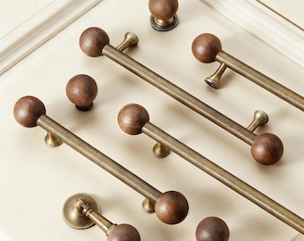 Walnut Ball Knob, Antique Brass Cabinet Drawer Pulls, Solid Brass Hardware