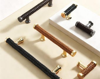 Braided Leather Cabinet Pull, Antique Gold Zinc Alloy Hardware