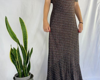 Vintage 70s does 30s lurex bronze and silver with capelet mermaid gown dress