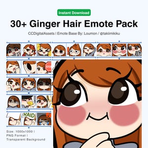 Puede incluir: Un paquete de descarga digital con más de 30 emotes con cabello pelirrojo, que muestran diversas expresiones. La imagen incluye el texto "Instant Download" y "30+ Ginger Hair Emote Pack". Ideal para plataformas en línea.