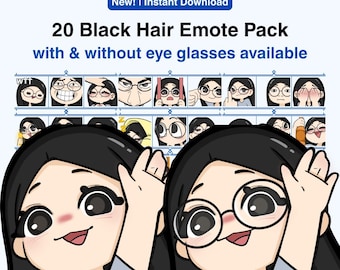 May include: Digital download of a 20-piece black hair emote pack. The pack includes emotes with and without eyeglasses. The image features a cartoon illustration with a variety of facial expressions and poses.