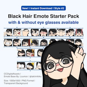Svart hår Chibi Emotes | Streamer Starter Pack Style 2 (digital nedladdning)