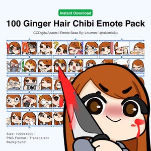 Pode incluir: Um pacote gráfico para download digital intitulado "100 Ginger Hair Chibi Emote Pack". A imagem apresenta uma grade de vários emotes em estilo chibi com cabelo ruivo. Um grande personagem chibi com cabelo ruivo e uma faca ensanguentada está em primeiro plano.