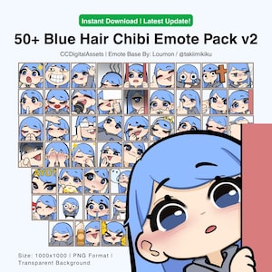 50+ v2 Blue Hair Girl Emotes | Female Chibi Emote Set for Twitch, Discord & YouTube Streamer Pack
