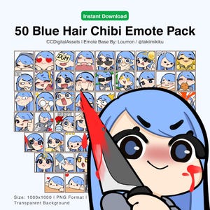 50 Blue Hair Girl Emotes | Female Chibi Emote Set for Twitch, Discord & YouTube Streamer Pack