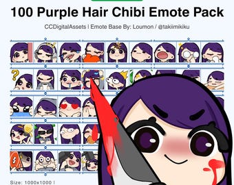 Purple Hair Girl Chibi Emote Pack: 100 Twitch/Youtube/Discord Streamer Set (Digital Download)