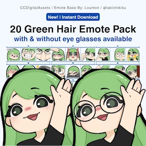 Könnte beinhalten: Digitales Kunstwerk mit einem Paket von 20 Emotes mit grünen Haaren, einige mit Brille. Das Bild enthält den Text "New! | Instant Download" und "20 Green Hair Emote Pack with & without eye glasses available."