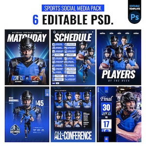 May include: A sports social media pack with six editable PSD templates. The templates feature football players in blue and black uniforms, with text such as "Matchday", "Schedule", and "Players of the Week". The pack includes a final score graphic.