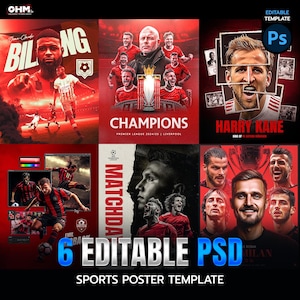 Editable Sports Poster Template: 6 PSD Designs (Digital Download)