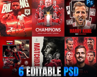 Bewerkbare sjabloon sportposter: 6 PSD-ontwerpen (digitale download)
