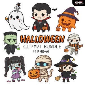 May include: A Halloween clipart bundle featuring cartoon illustrations of a ghost, vampire, pumpkin, Frankenstein's monster, mummy, zombie girl, and witch. The text "HALLOWEEN CLIPART BUNDLE" is displayed.