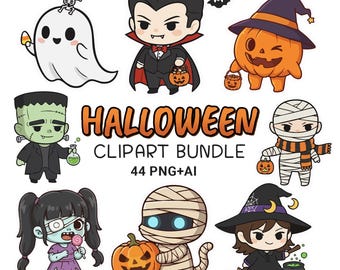 Kawaii Halloween Clipart Bundle: 44 Spooky Cartoon Characters (PNG, AI)