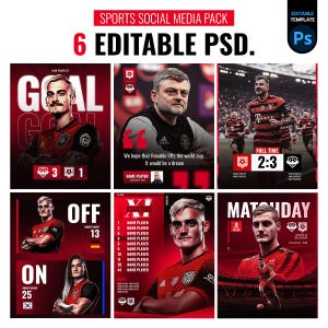 May include: A sports social media pack with six editable PSD templates. The templates feature soccer players, match scores, and team information. The color scheme is primarily red and black, with white text.