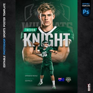 Puede incluir: Plantilla de p&oacute;ster deportivo con un jugador de f&uacute;tbol americano llamado Trevor Knight. El dise&ntilde;o incluye una imagen grande del jugador con uniforme verde y blanco, con el texto "KNIGHT" en un lugar destacado. El p&oacute;ster tambi&eacute;n incluye el texto "EDITABLE PHOTOSHOP SPORTS POSTER TEMPLATE".
