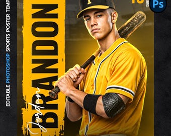 Plantilla PSD para póster de béisbol: plantilla editable para Photoshop, diseño personalizado de jugador, descarga instantánea.