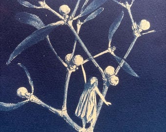 May include: A cyanotype print featuring a dark blue background with a light cream-coloured silhouette of a plant with berries. A small figure wearing a dress stands within the branches, reaching upward toward the berries on the plant stems.