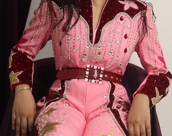 Pink Rhinestone Western Jumpsuit: Red Sequin Fringe, Star Appliqué