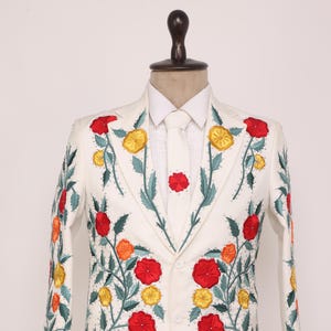 Customized Ivory Cotton Men 2 Piece Country Western Floral Embroidered Suit Wedding, Cocktail Party Attire, Cowboy Outfit, Gift for Him