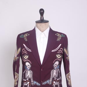 Men’s Embroidered Western Skeleton Suit Burgundy Cowboy Inspired Custom Outfit Wedding, Cocktail Party Attire, Country Music Outfit