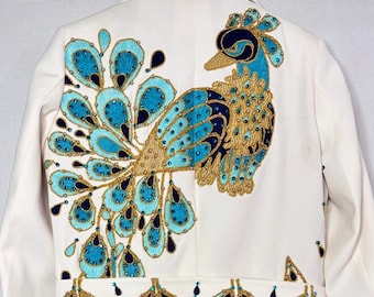 Mono con bordado de pavo real de inspiración vintage, traje de escenario, mono vaquero, traje occidental, ropa de escenario, atuendo para cóctel o boda.