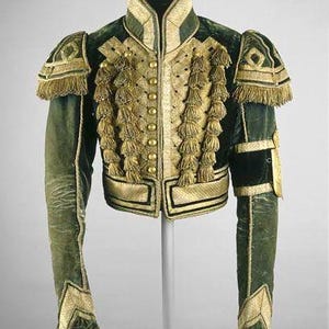 Chaqueta de húsar militar antigua de terciopelo con bordado dorado, teatro histórico, baile, evento de gala de cosplay, noble francés, renacimiento veneciano