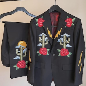 Men&#39;s Handmade Embroidered Western 2 Pc Suit Black Cactus Rose Lightning Blazer & Pants | Cowboy Rodeo Outfit, Wedding Cocktail Party Attire