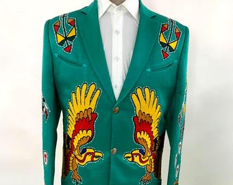 Traje occidental bordado estilo nudista turquesa, personalizado, estilo vintage, con motivo de águila y guerrero nativo, para boda, cóctel o música country.
