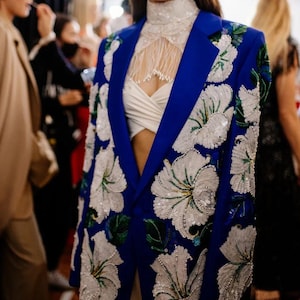 Customized Blue Sequin Floral Embroidered Blazer Handmade Jacket White Hibiscus Design Luxe Eveningwear for Women Wedding Bridal Jacket