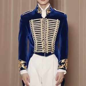 Royal Blue Velvet Military Prince Jacket | Gold Embroidered Regency Costume | Baroque Style Formal Tailcoat | Historical Masquerade Outfit
