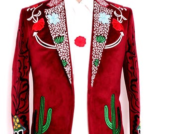 Traje vaquero occidental de terciopelo rojo de 2 piezas, a medida, bordado con cactus y diseño de nave espacial extraterrestre, ideal para cóctel de boda, regalo para él.