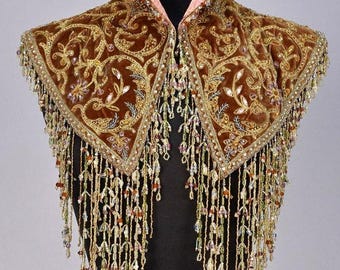 Customized Women Victorian Embroidered Velvet Capelet Beaded Fringe High Collar Regal Shoulder Shawl | Embellished Cloak Red Carpet Costume
