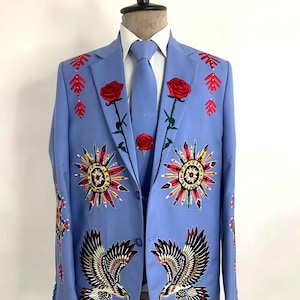 Handmade Blue Mexican Eagle Embroidered 2 Pc Suit | Custom Charro Outfit with Rose & Aztec Motifs | Handmade Cultural Suit Wedding Wear