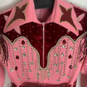 Pink Rhinestone Western Jumpsuit: Red Sequin Fringe, Star Appliqué